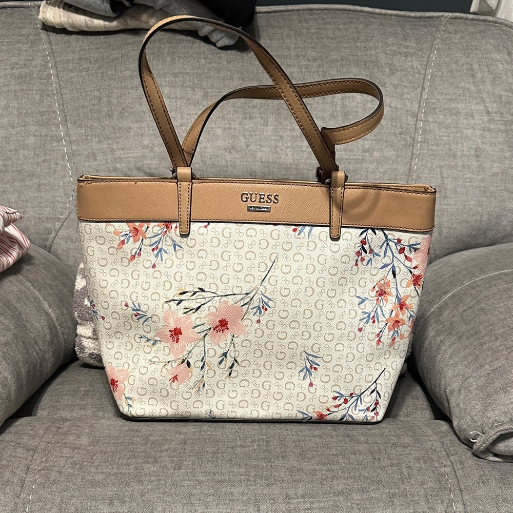 GUESS Cream Floral Logo Tote with Tan Trim